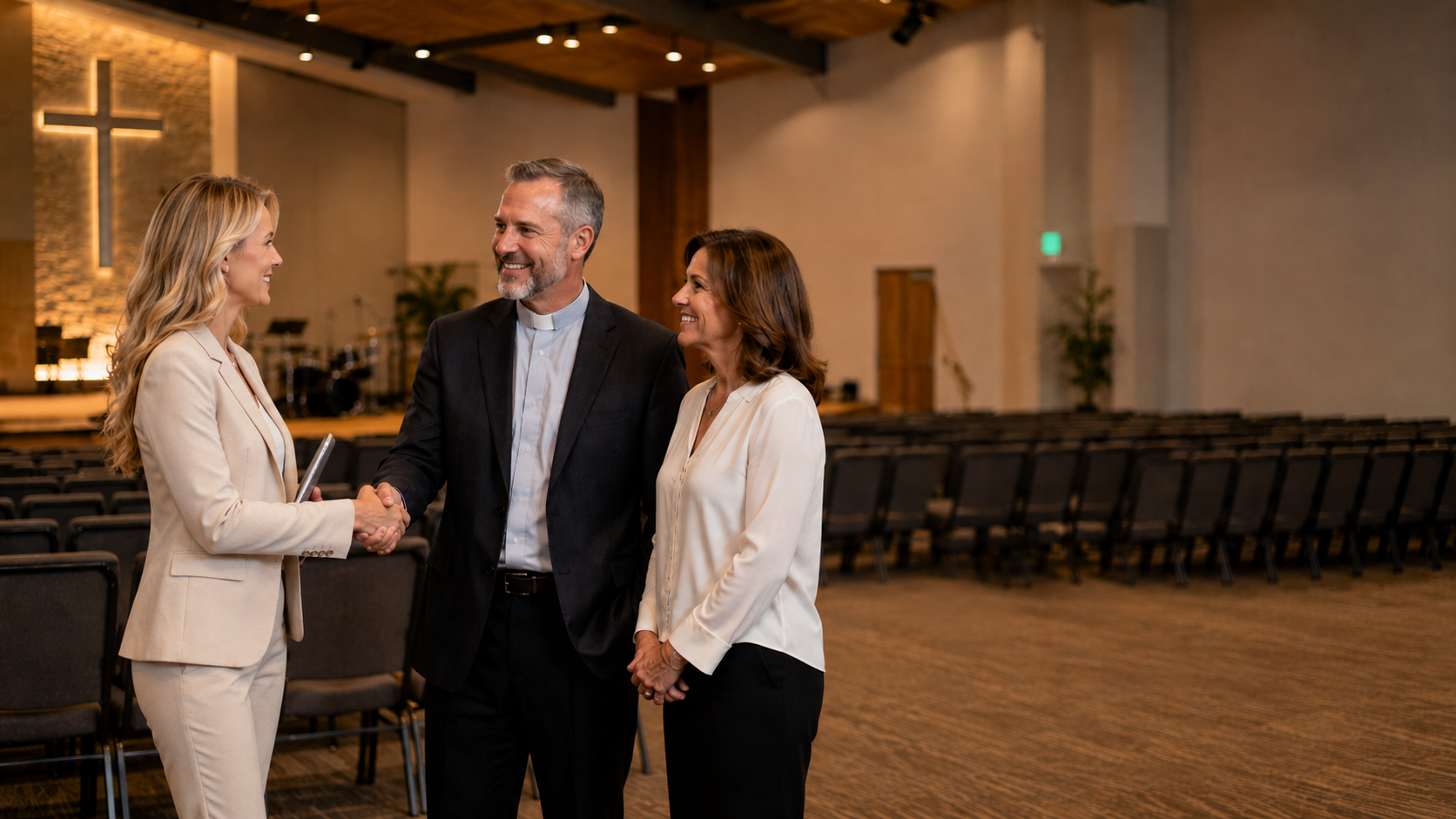 A pastor and church leaders warmly greeting a visitor inside the sanctuary